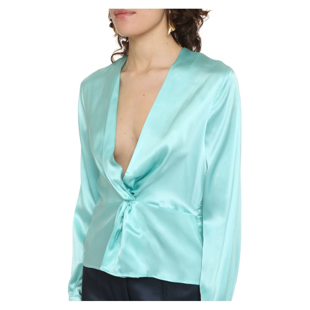 PINKO Green Silk Women Blouse with Deep V-Neck and Cuff Detail
