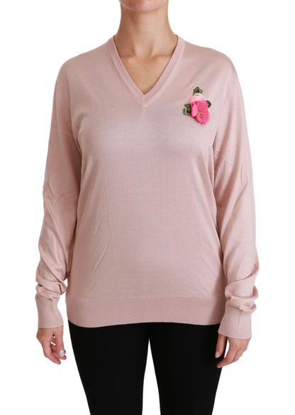 Dolce & Gabbana Pink Floral Silk V-Neck Sweater