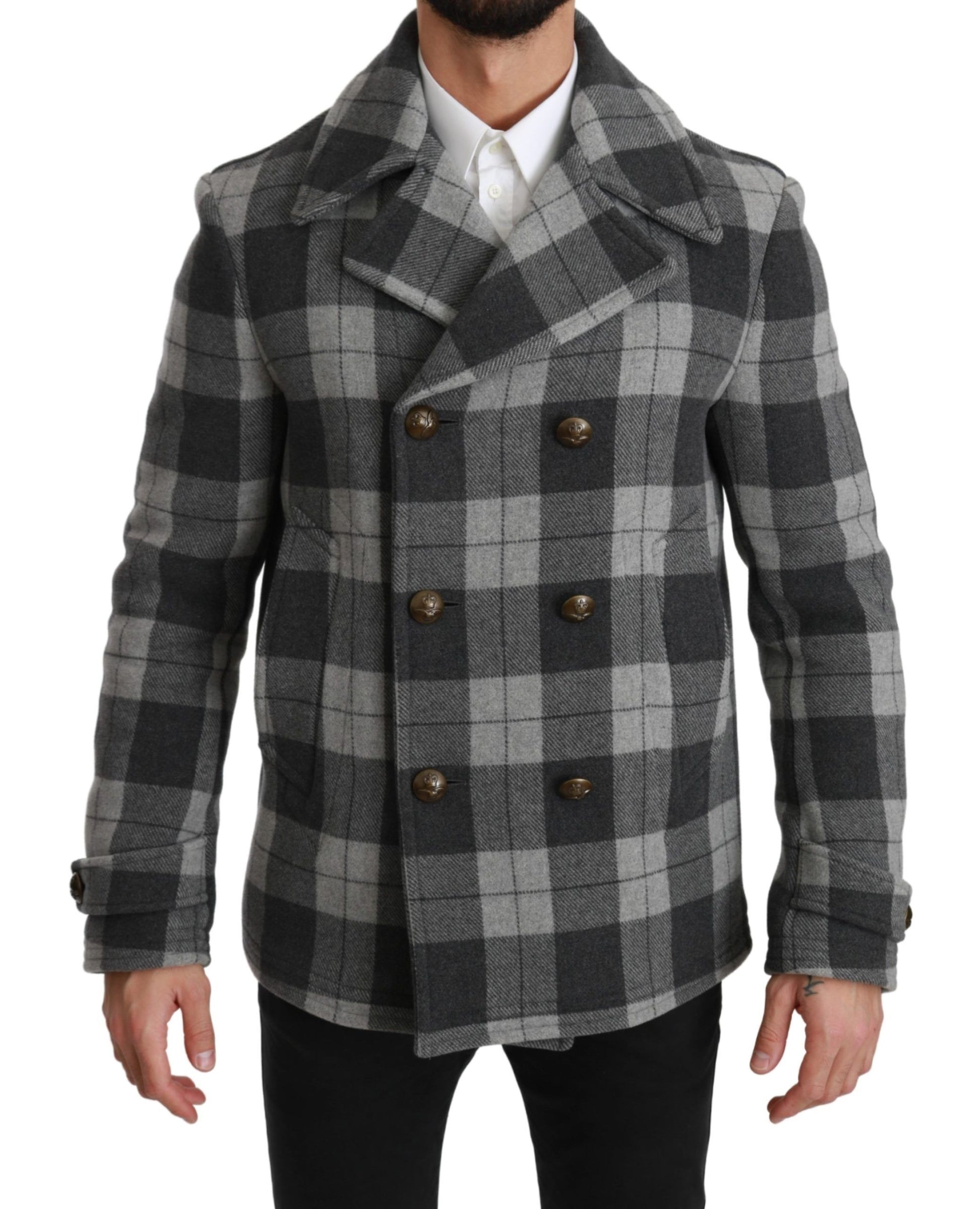 Dolce & Gabbana Elegant Gray Check Double Breasted Coat