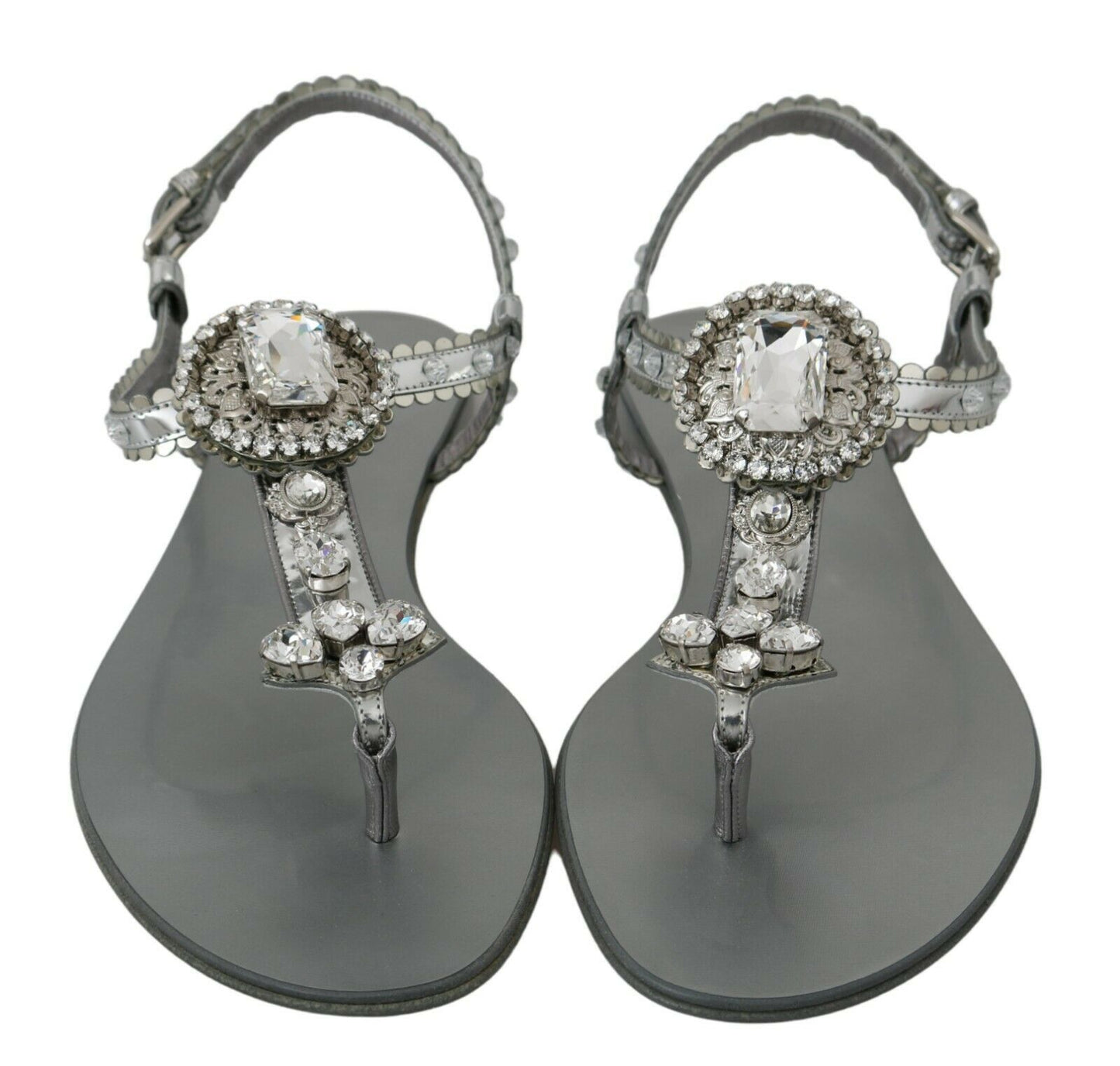 Dolce & Gabbana Elegant Silver Flats with Crystal Embellishments