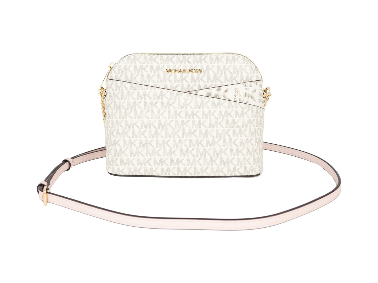 Michael Kors Jet Set Travel Medium Leather X Cross Dome Crossbody Handbag (Vanilla Signature/Powder Blush)