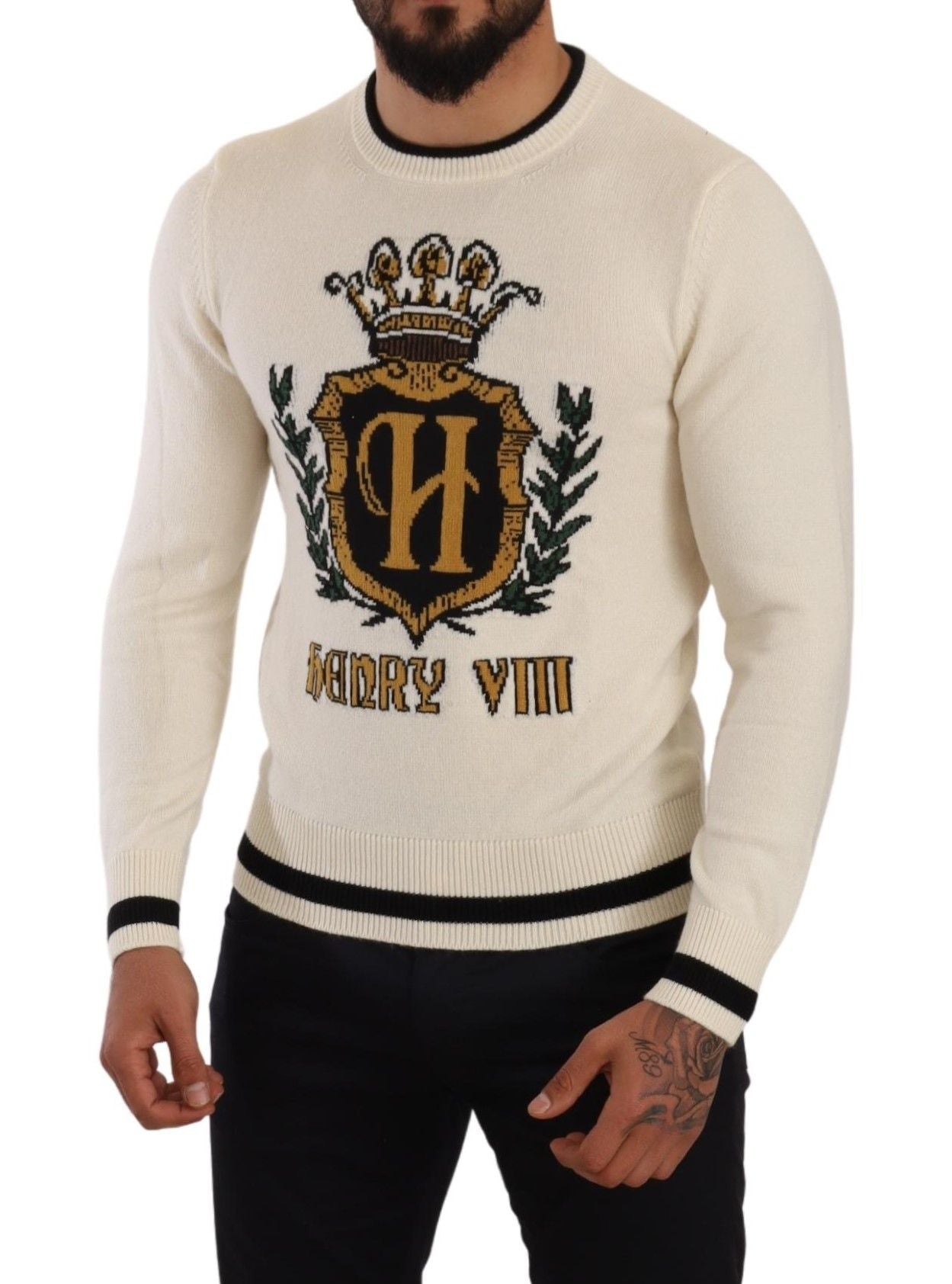 Dolce & Gabbana Elegant Snow-White Heraldic Cashmere Sweater