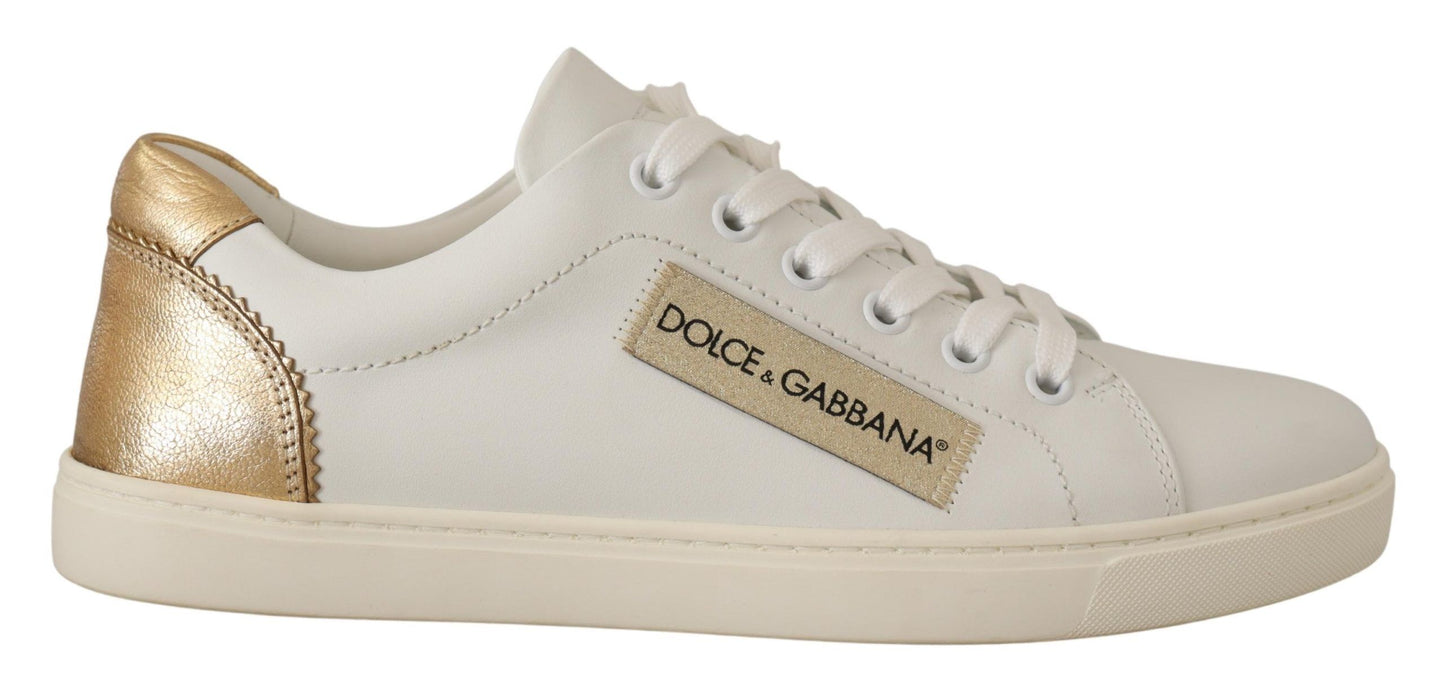 Dolce & Gabbana Elegant White Leather Sneakers with Gold Accents