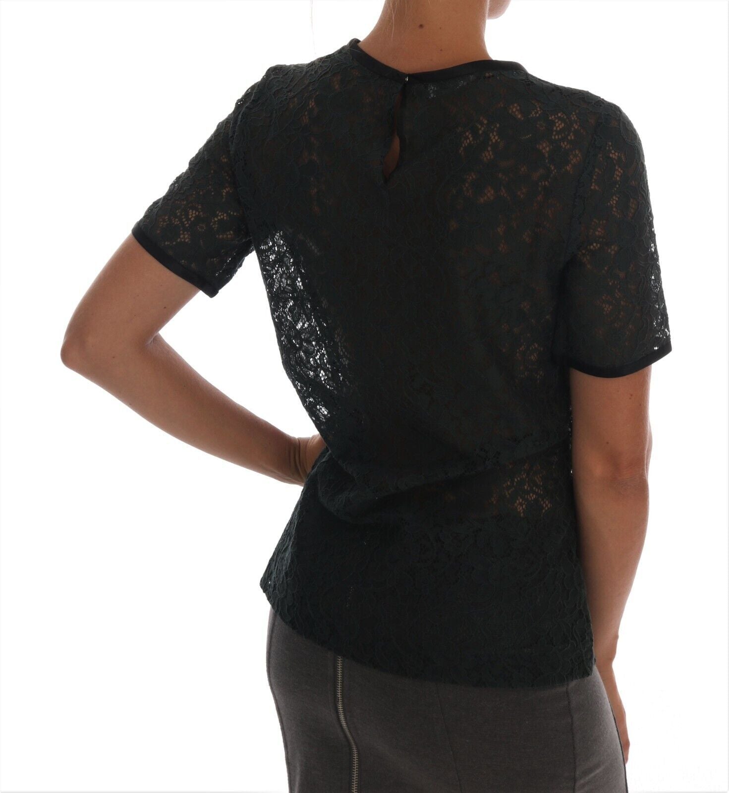 Dolce & Gabbana Dark Green Floral Lace Short Sleeve Blouse