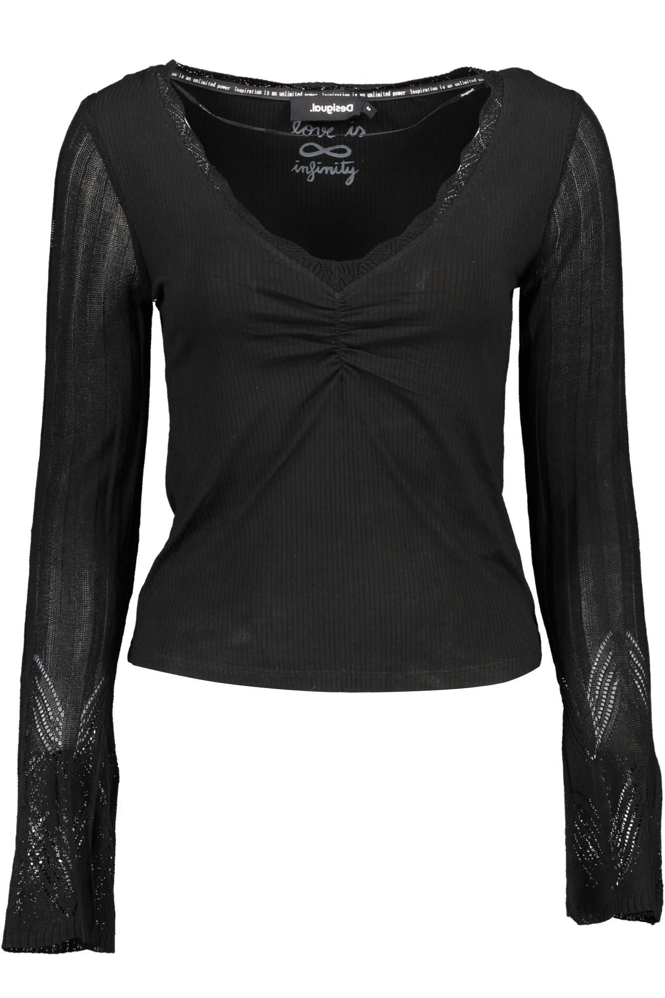 Desigual Chic V-Neck Lace Accent Black Shirt