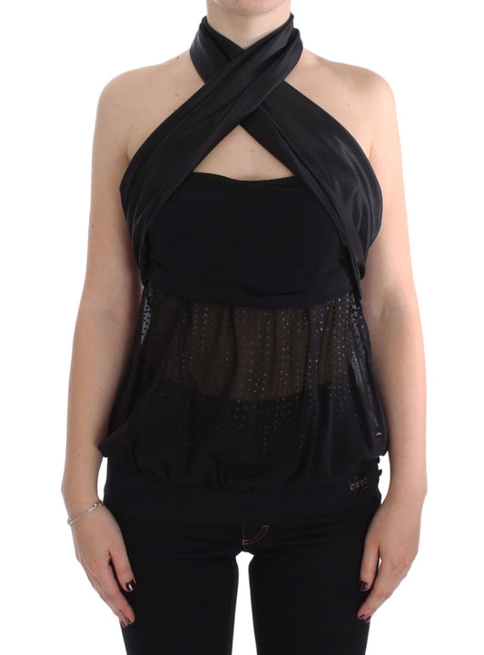 Exte Elegant Black Evening Wrap Top Blouse