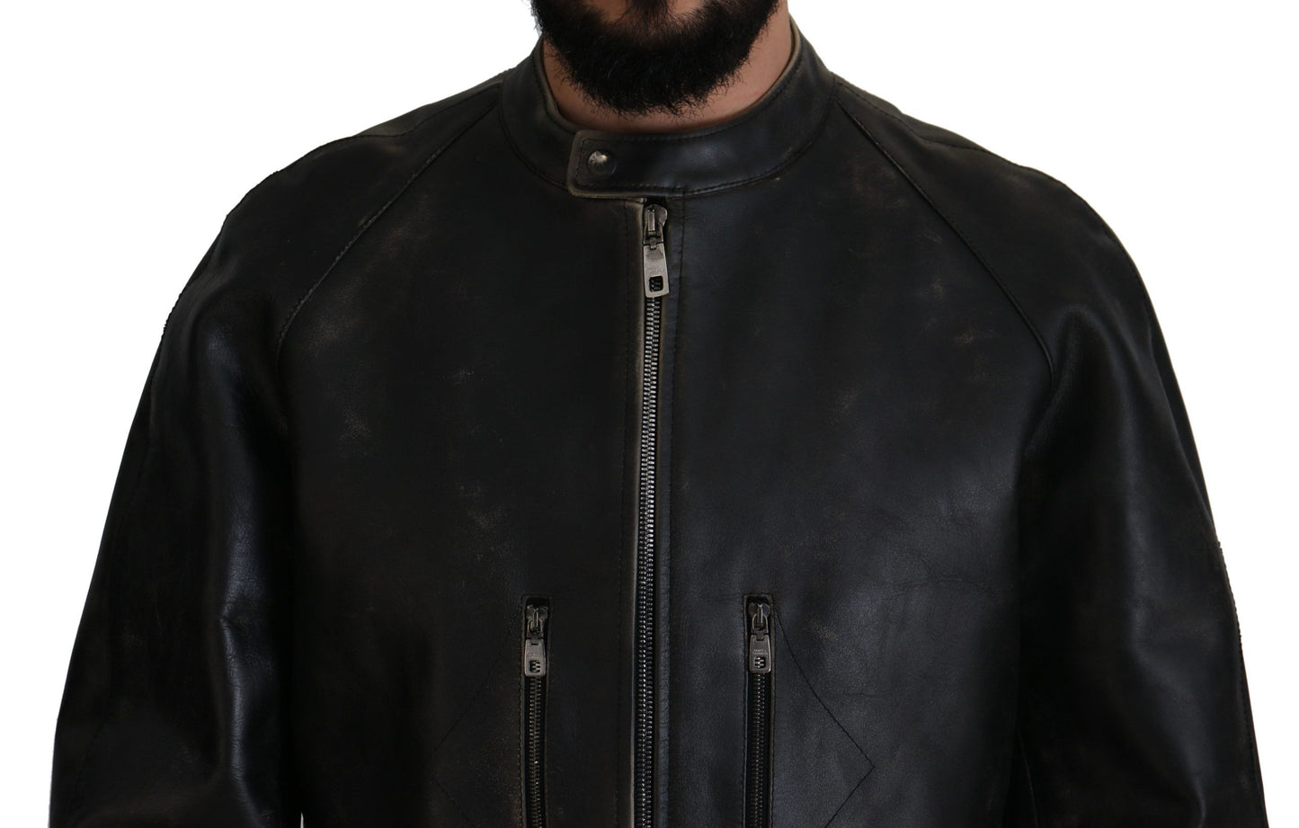 Dolce & Gabbana Elegant Black Leather Jacket with Silver Details