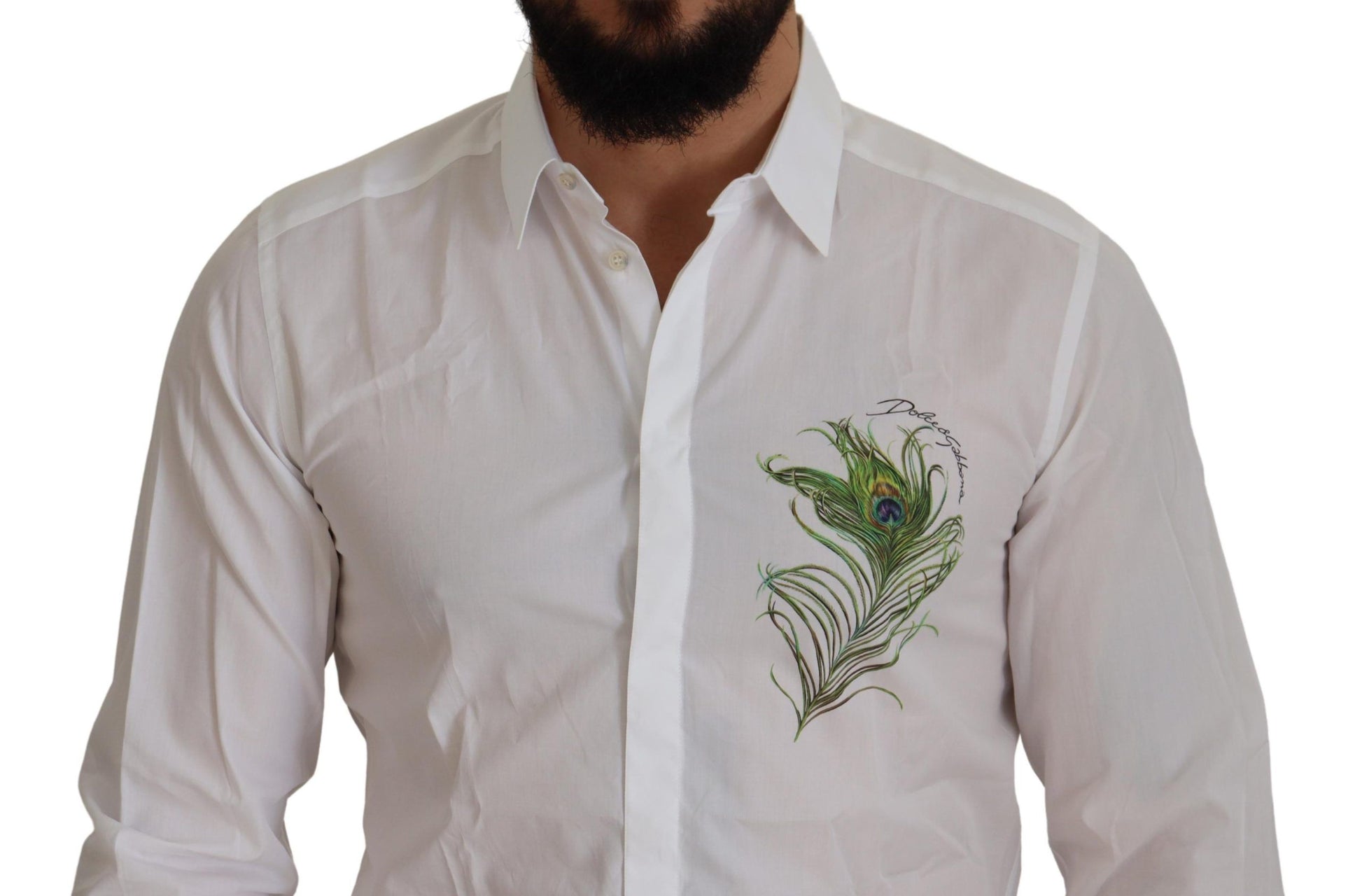 Dolce & Gabbana Elegant White Peacock Feather Dress Shirt