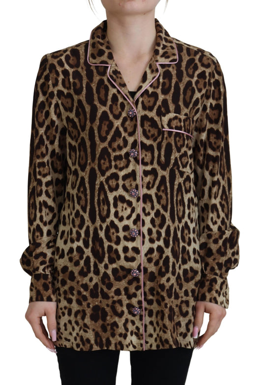 Dolce & Gabbana Elegant Silk Leopard Print Collared Top