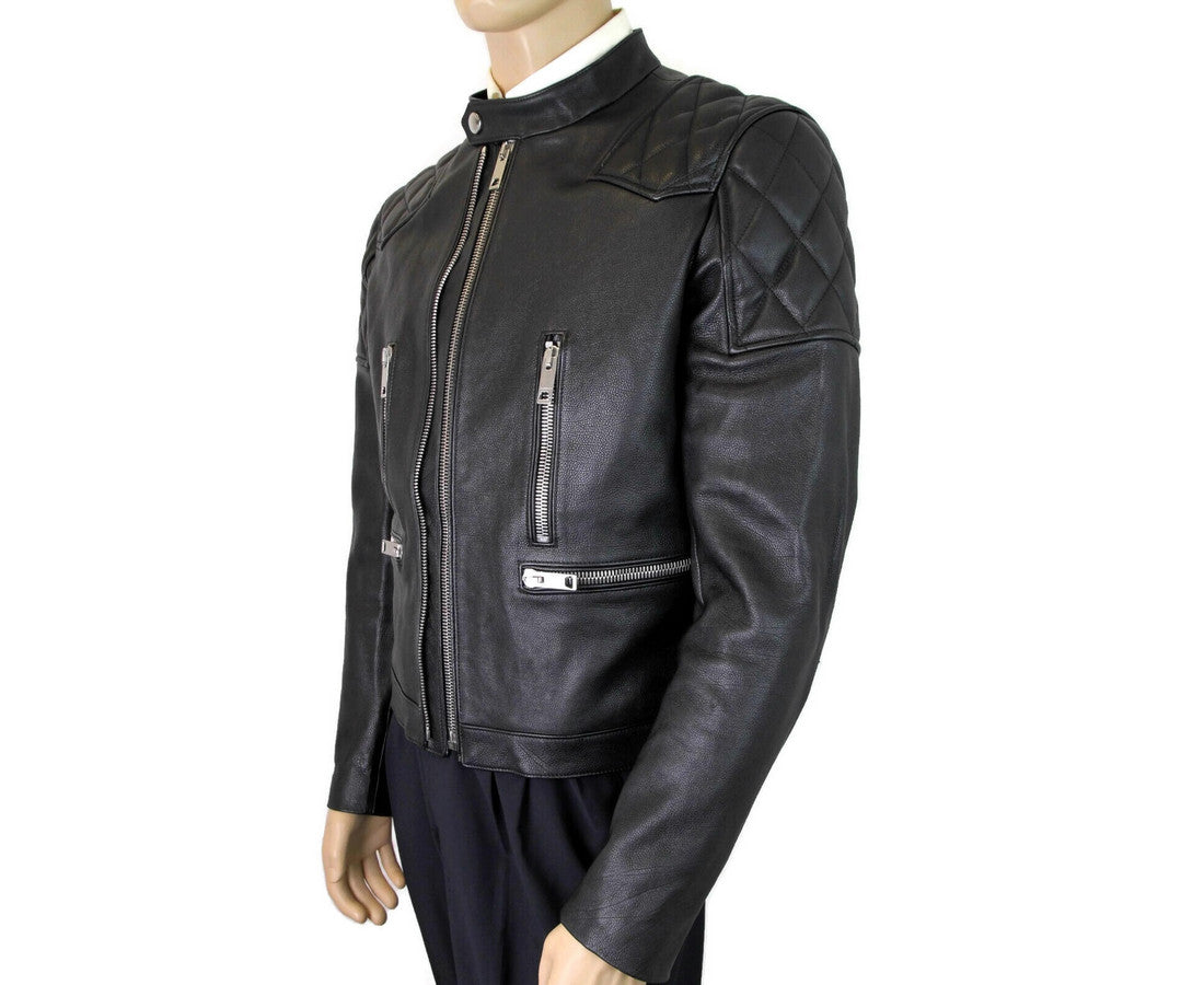 Burberry Men's Black Leather Diamond Quilted Biker Jacket