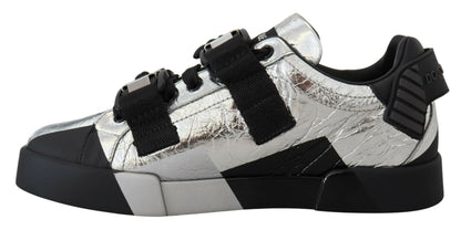 Dolce & Gabbana Exclusive Silver and Black Low Top Leather Sneakers