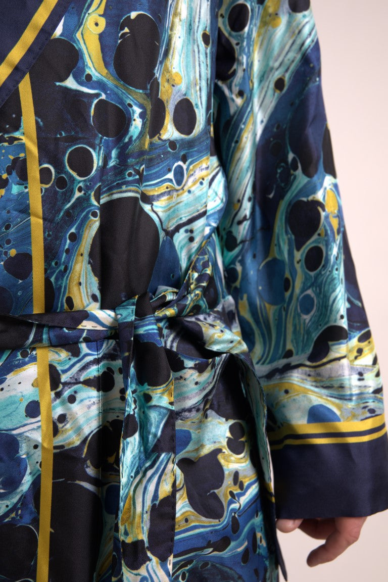 Dolce & Gabbana Marble Blue Silk Long Robe Luxury Sleepwear