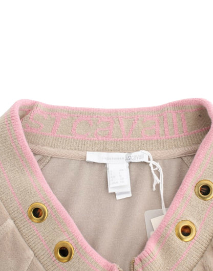 Cavalli Beige Zip Cardigan with Gold Tone Accents