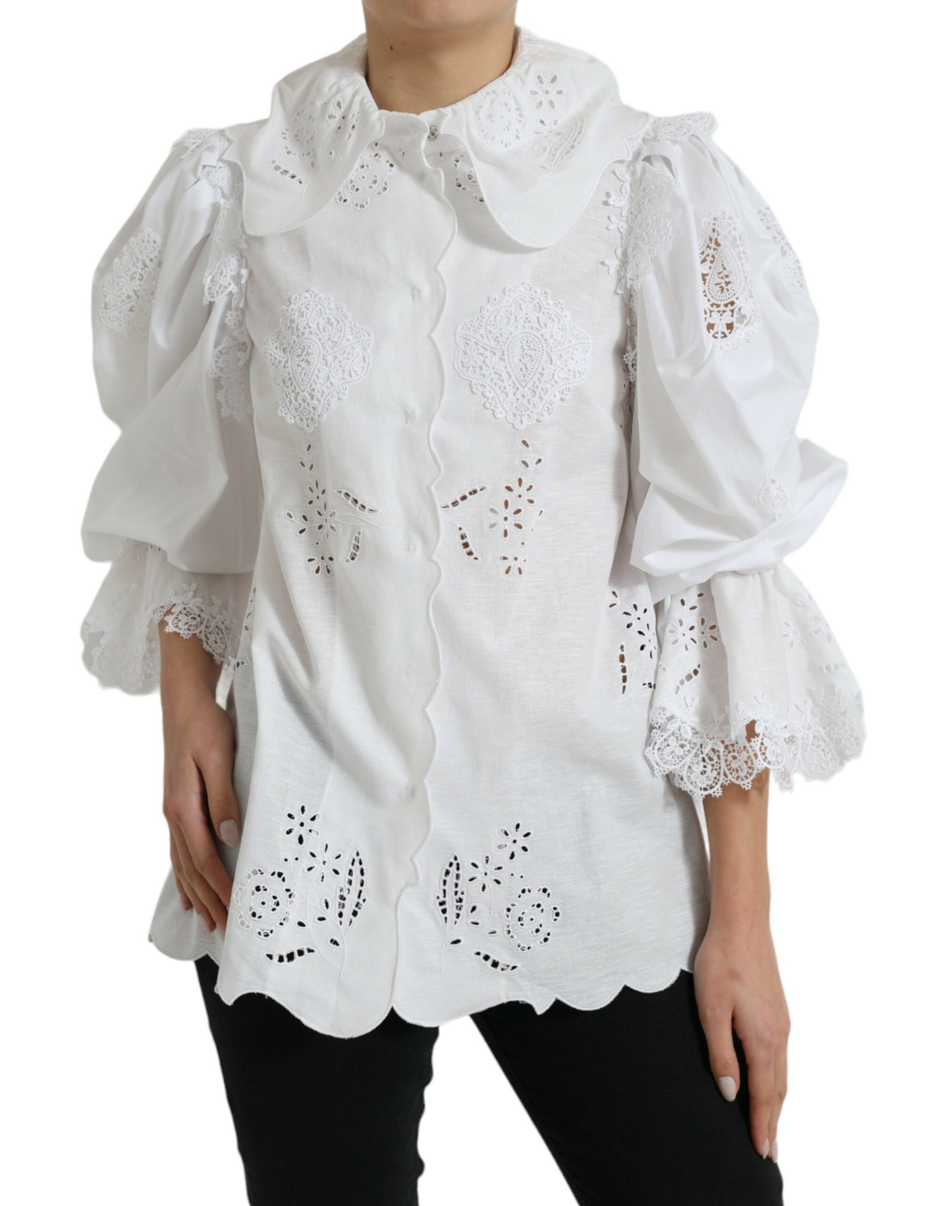 Dolce & Gabbana Elegant White Lace Trim Blouse Top