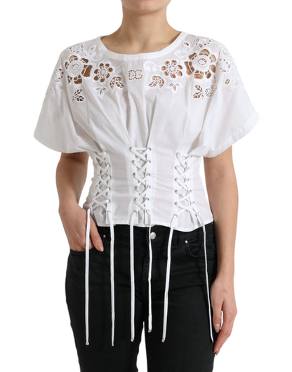 Dolce & Gabbana Elegant White Floral Lace-Up Blouse