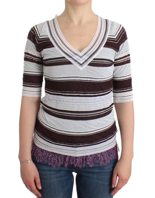 Ermanno Scervino Striped V-Neck Knit Top with Lace Hem