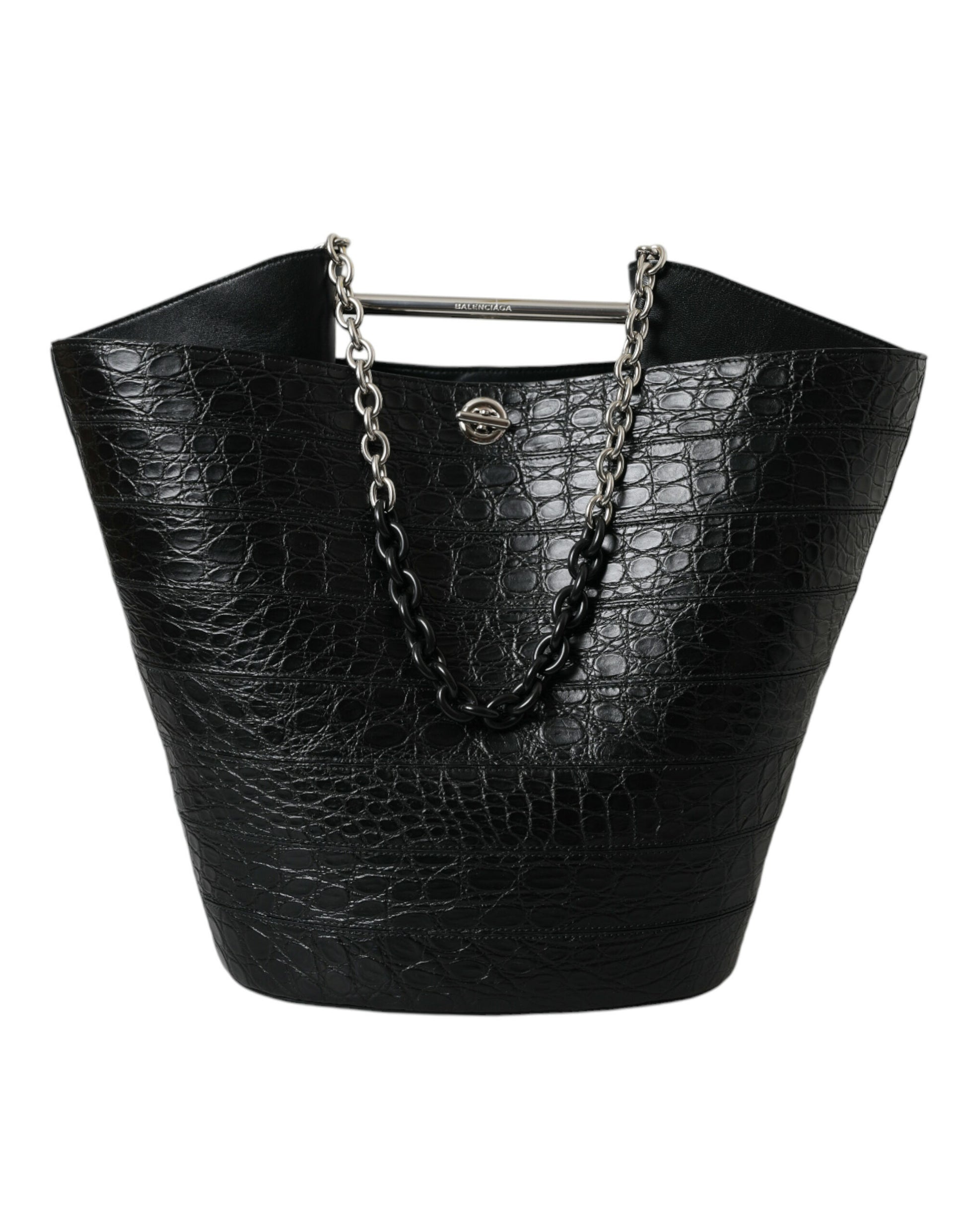 Balenciaga Elegant Black Crocodile Leather Maxi Bucket Bag