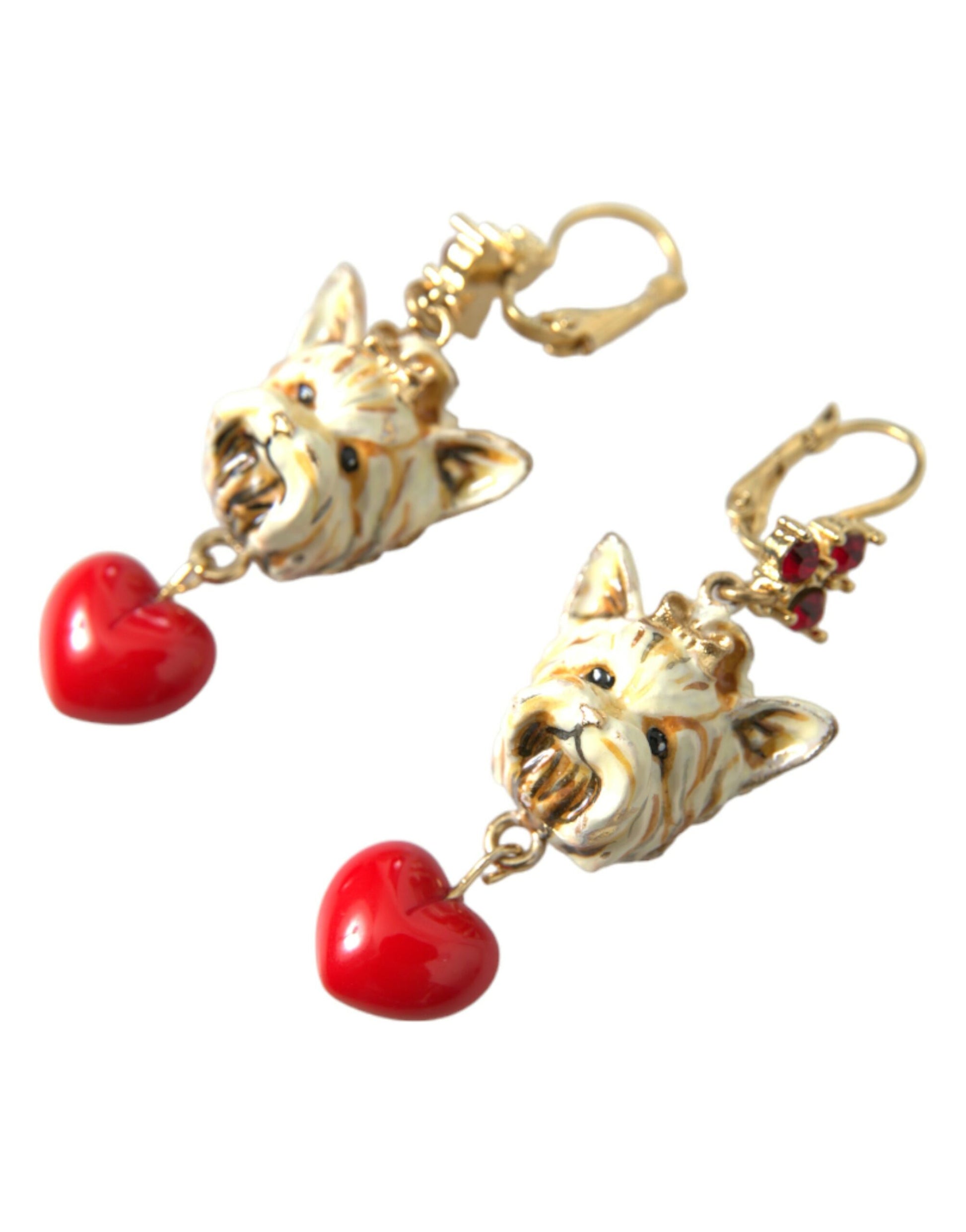 Dolce & Gabbana Gold Brass Heart Dog Red Crystal Dangling Earrings