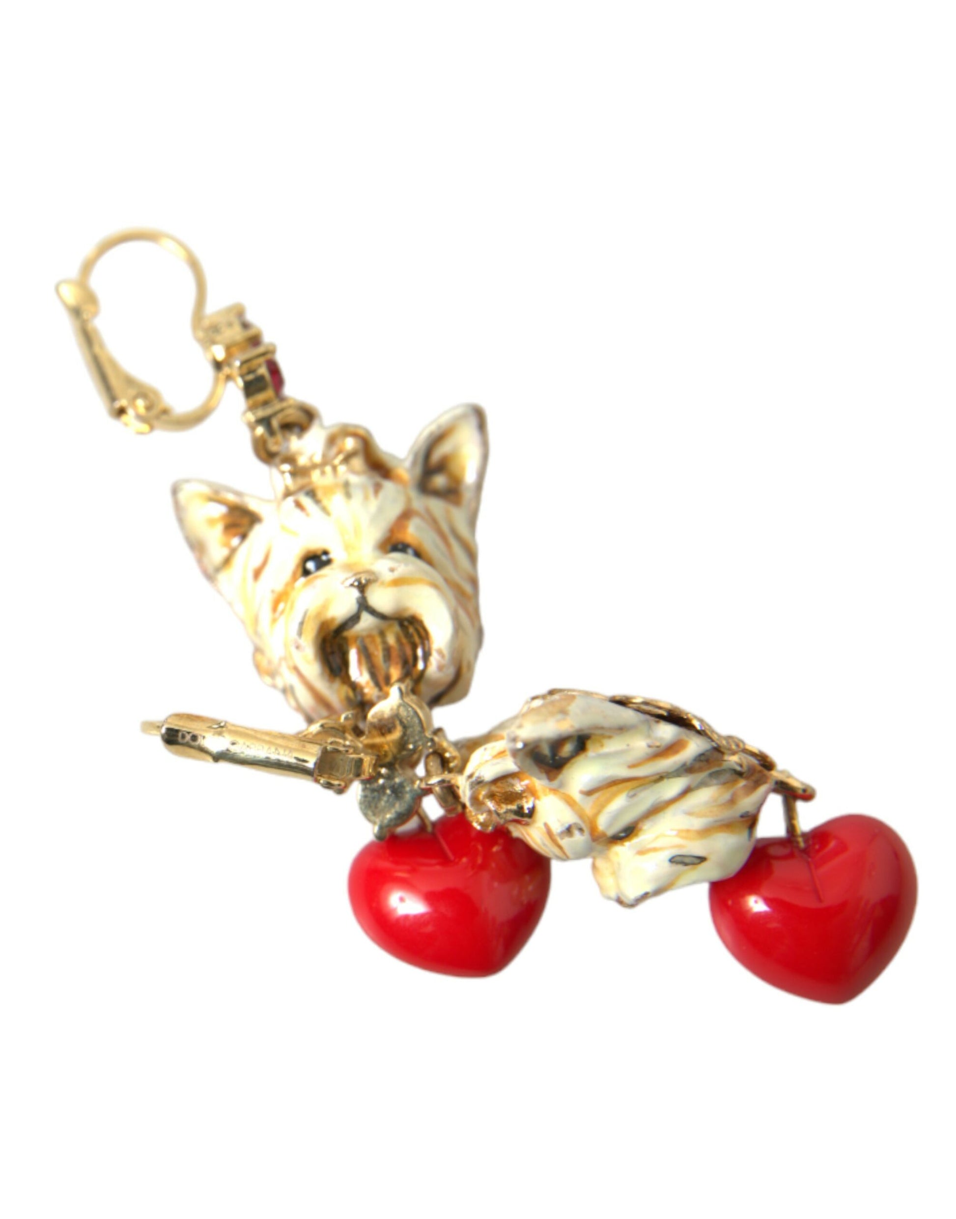 Dolce & Gabbana Gold Brass Heart Dog Red Crystal Dangling Earrings