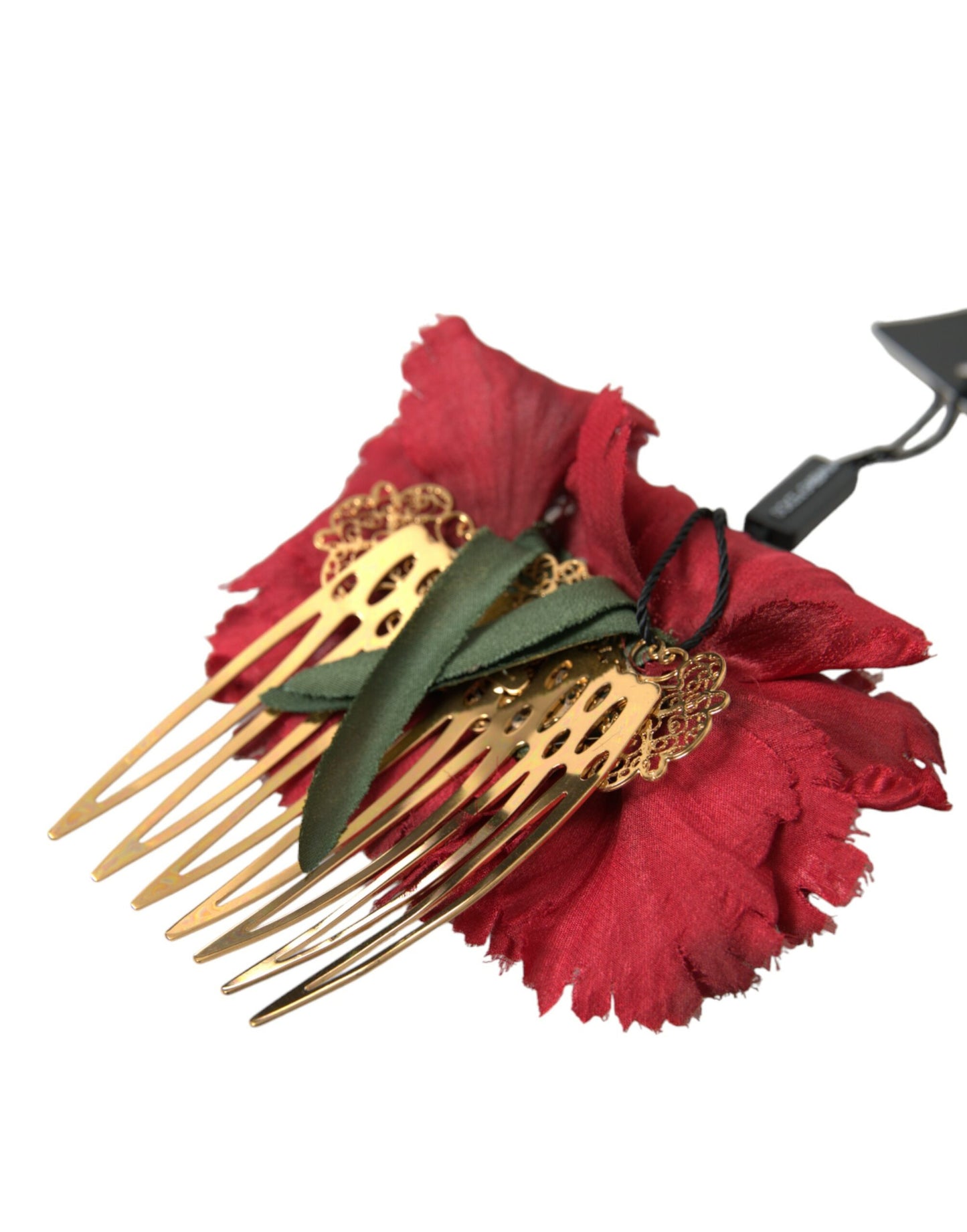 Dolce & Gabbana Red Silk Floral Gold Brass Women Hair Comb