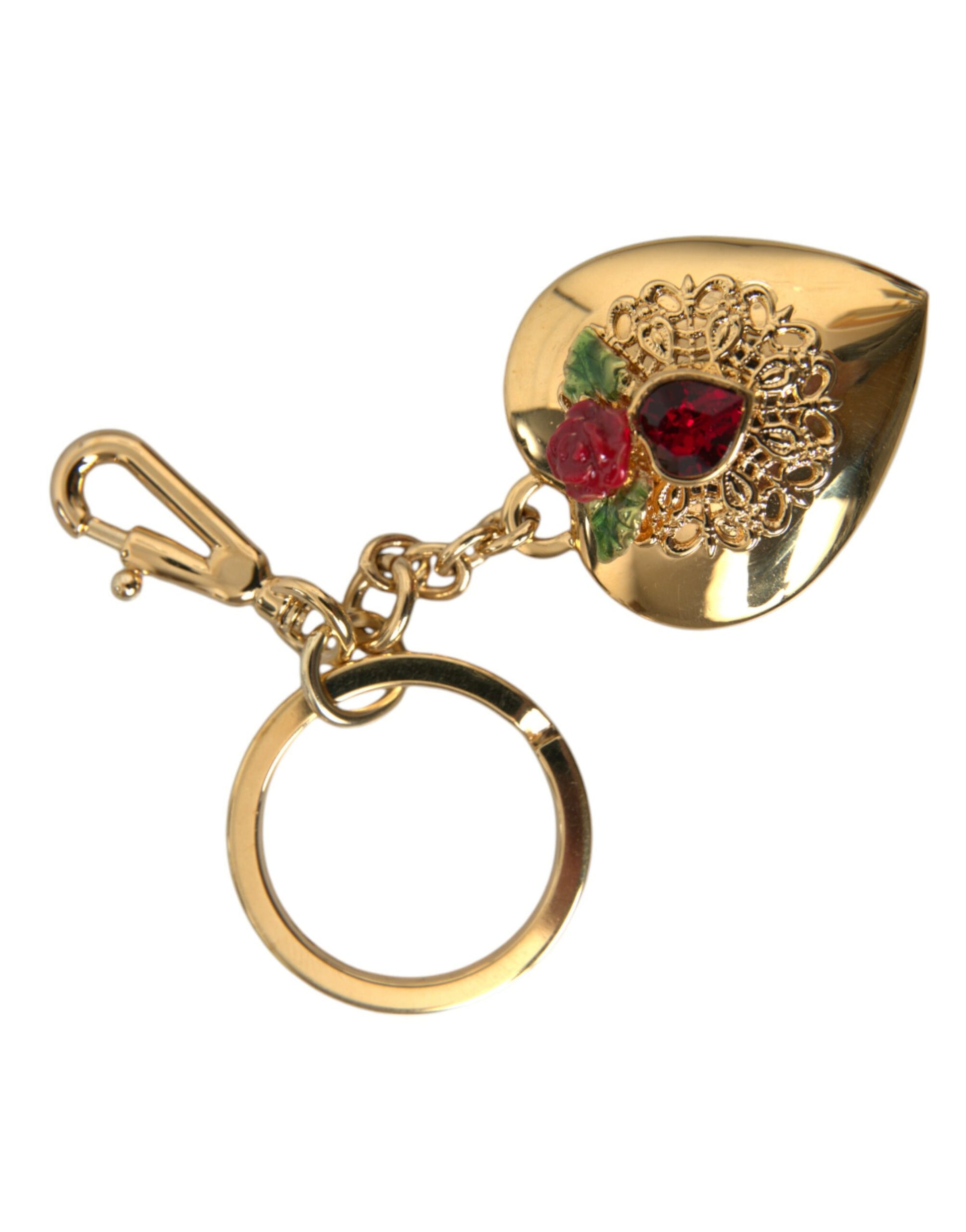 Dolce & Gabbana Metallic Gold Brass Heart Floral Pendant Keychain Keyring