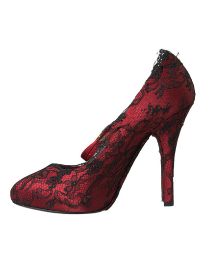 Dolce & Gabbana Red Black Floral Lace Mary Jane Pumps Shoes