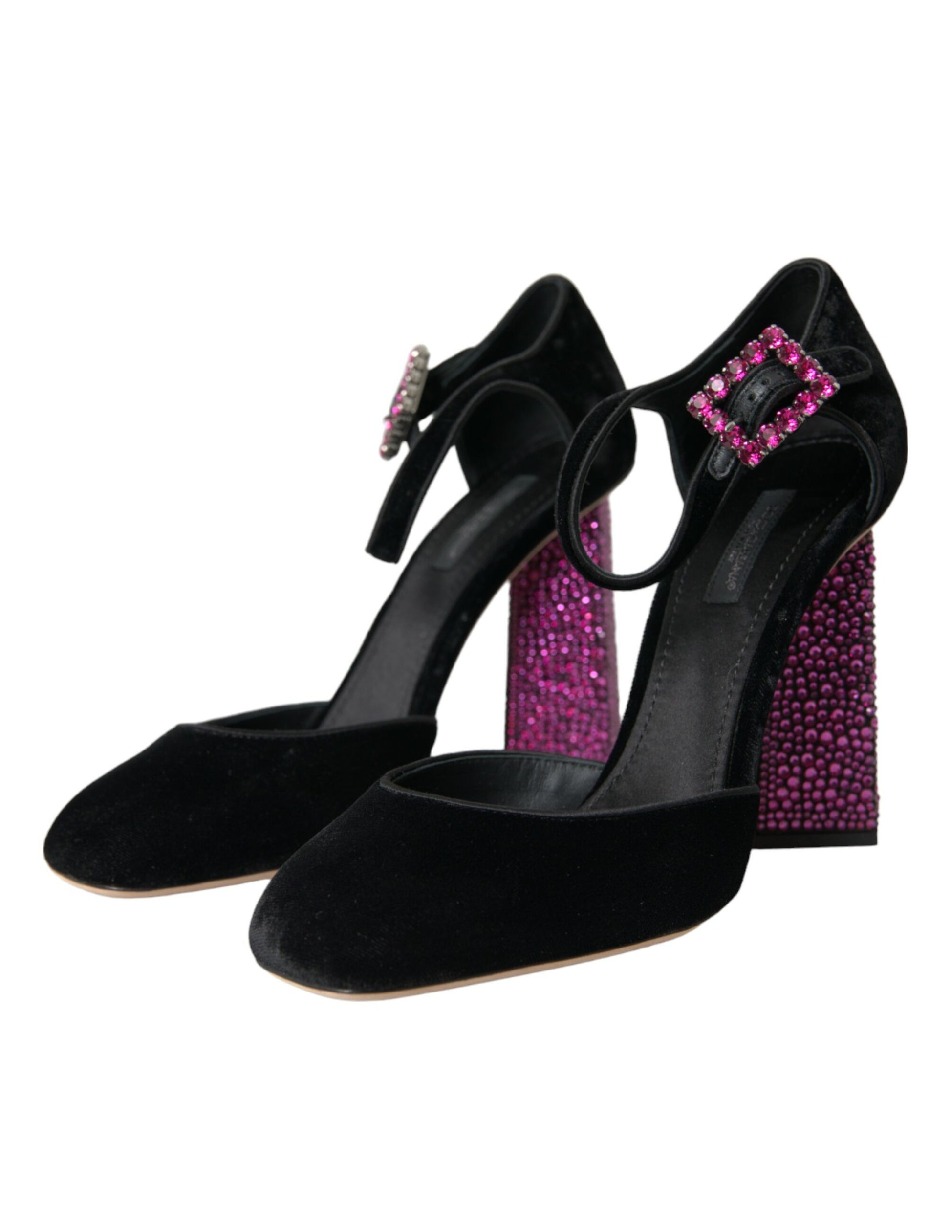 Dolce & Gabbana Black Velvet Strass Crystal Mary Janes Shoes