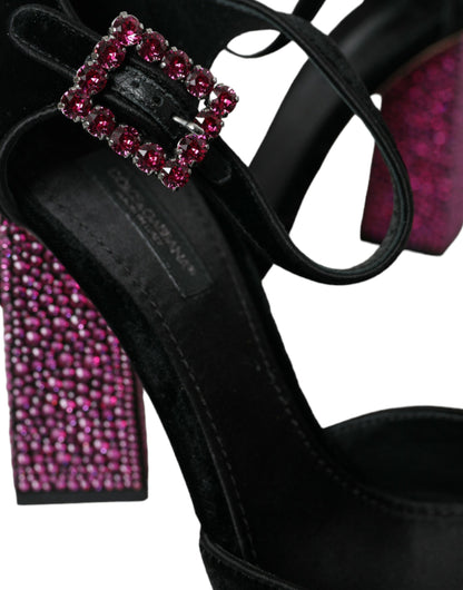 Dolce & Gabbana Black Velvet Strass Crystal Mary Janes Shoes