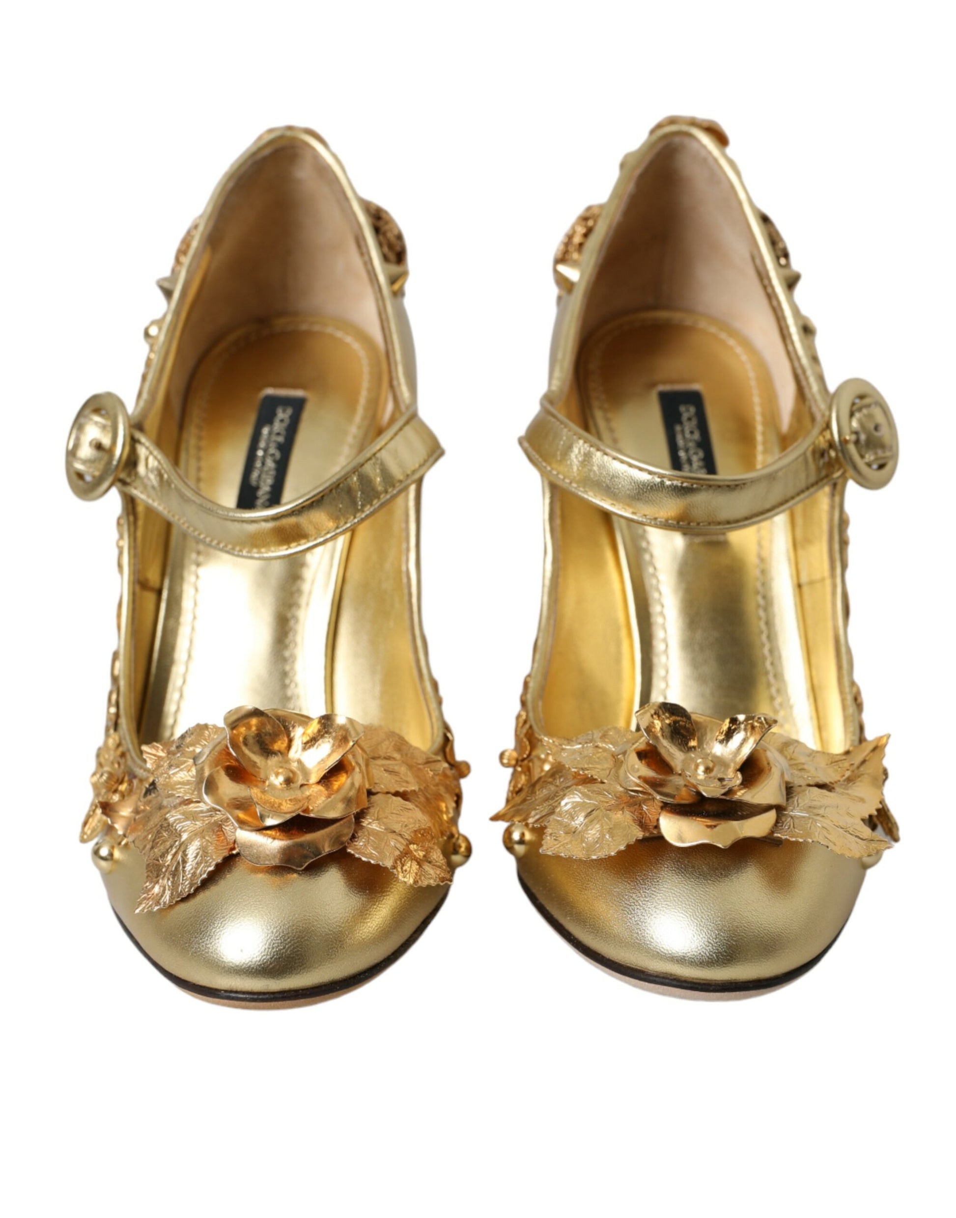 Dolce & Gabbana Gold Leather Crystal Mary Janes Pumps Shoes