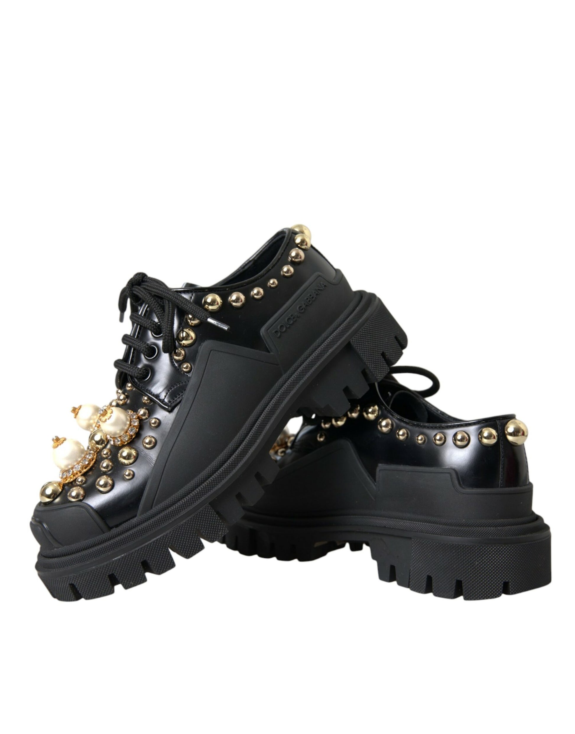 Dolce & Gabbana Black Leather Trekking Derby Embellished Shoes