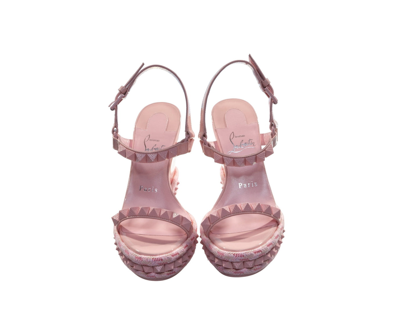 Christian Louboutin Pyraclou 100 Rosy Pink Studded Patent Leather High Heel Wedge Sandals