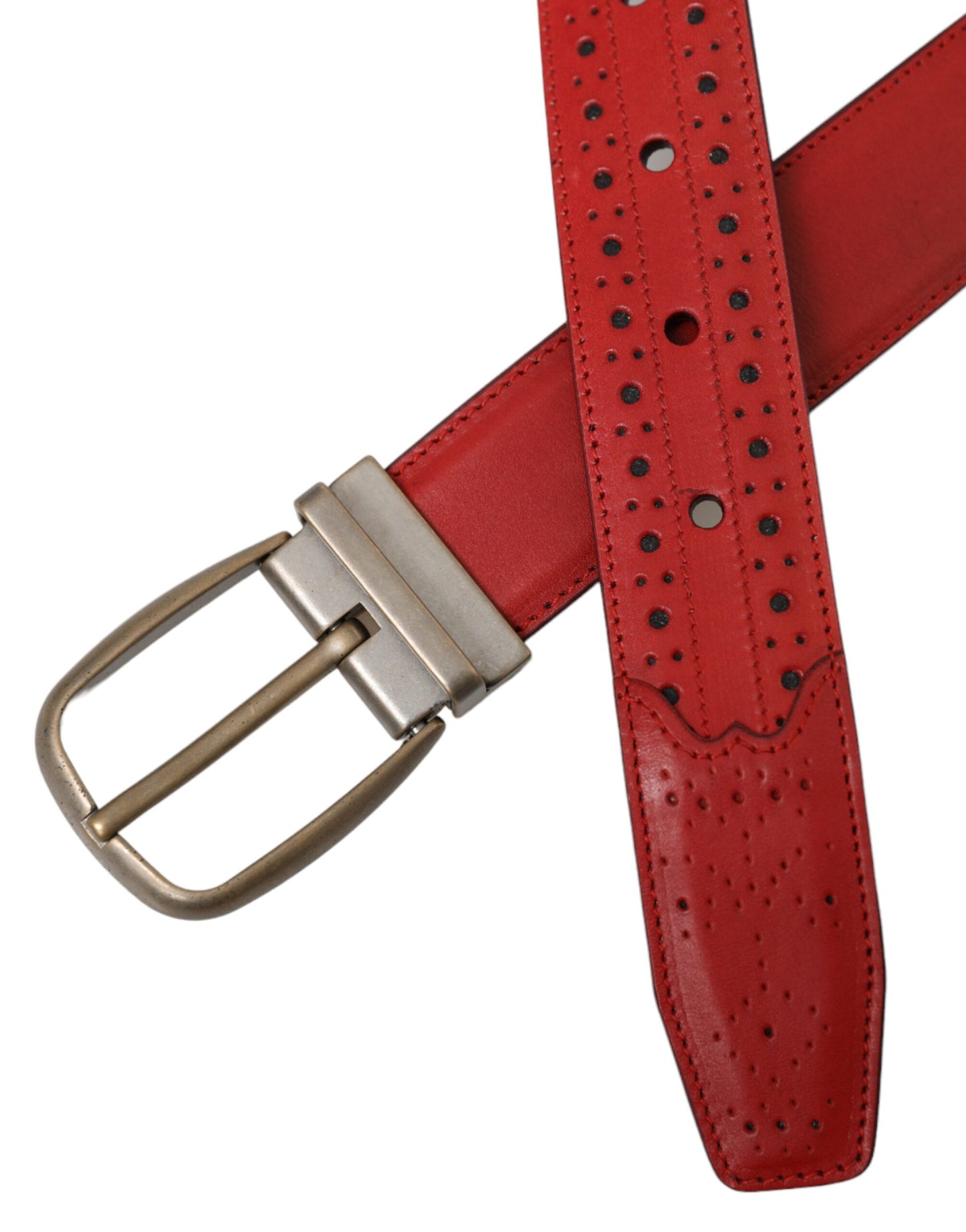 Dolce & Gabbana Red Perforated Leather Metal Buckle Belt Men