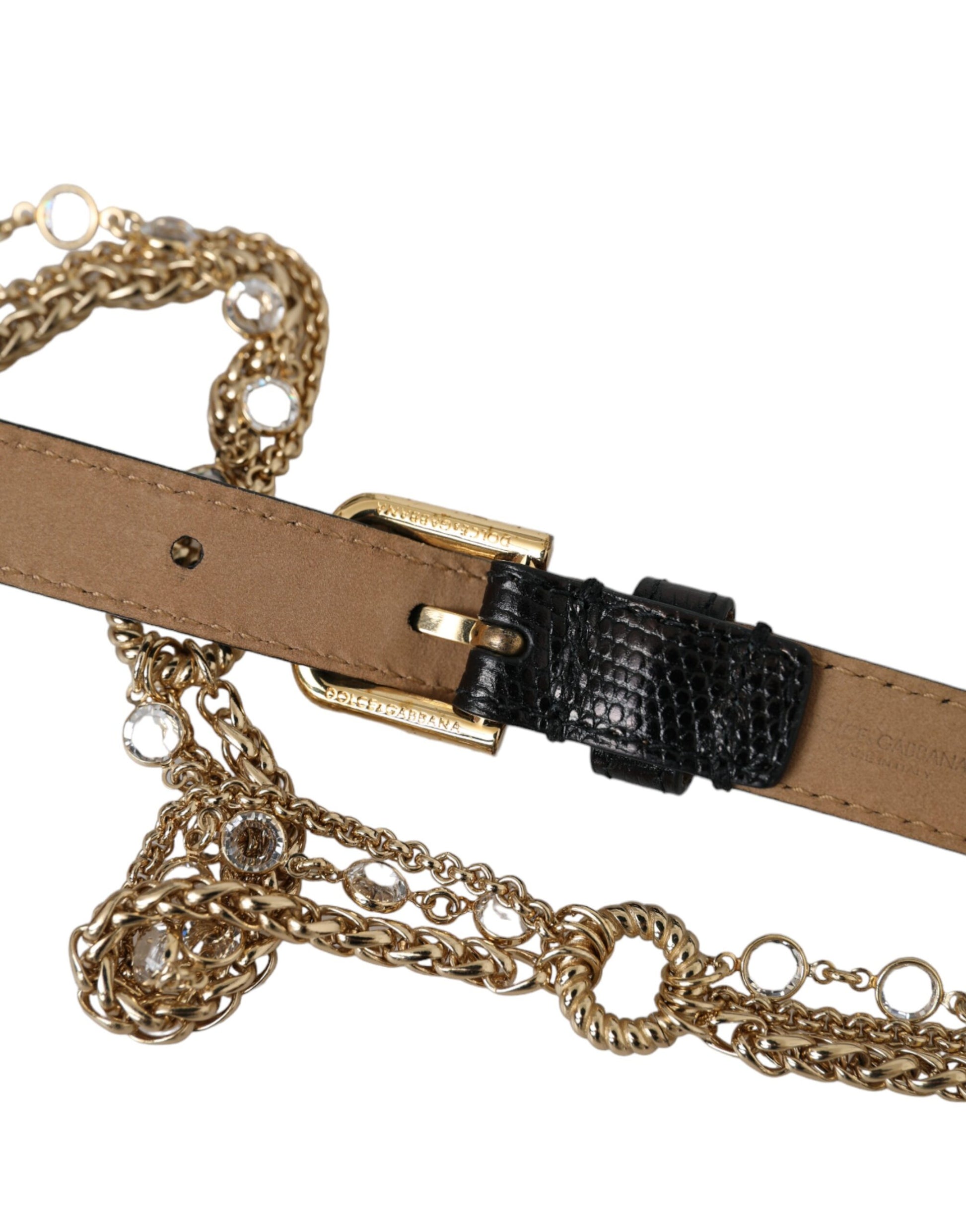 Dolce & Gabbana Black Leather Gold Chain Crystal Waist Women Belt