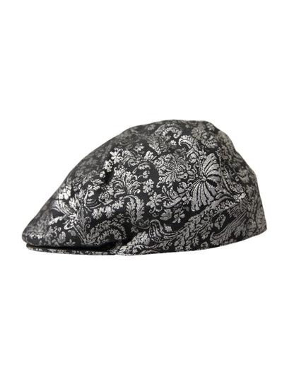 Dolce & Gabbana Black Silver Floral Jacquard Newsboy Hat Men