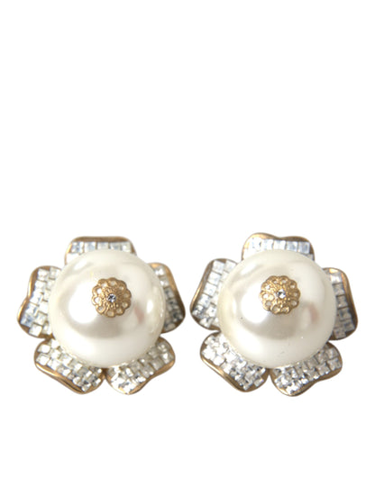 Dolce & Gabbana Gold Tone Maxi Faux Pearl Floral Clip-on Jewelry Earrings