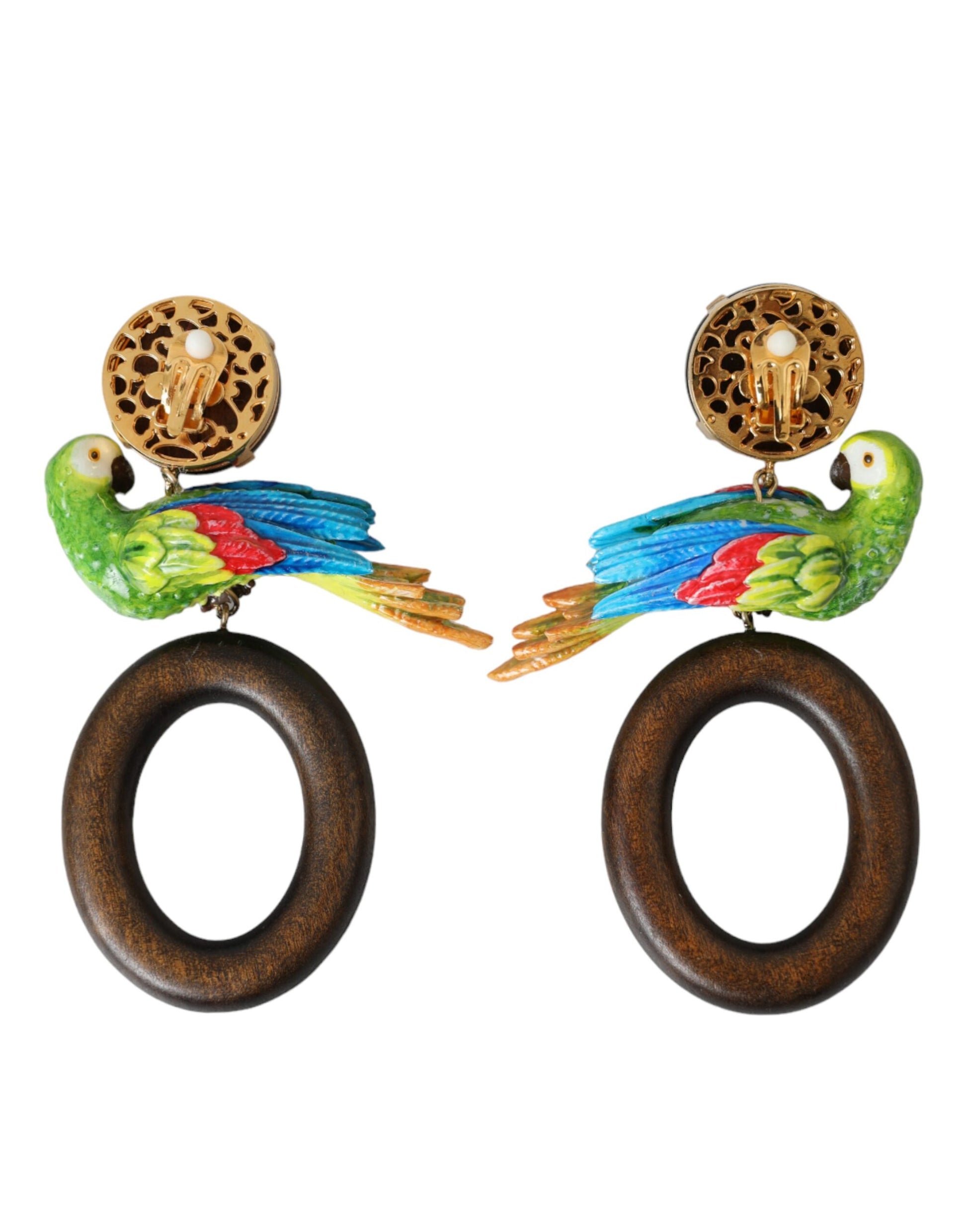 Dolce & Gabbana Multicolor Parrot Wood Brass Crystal Embellished Earrings