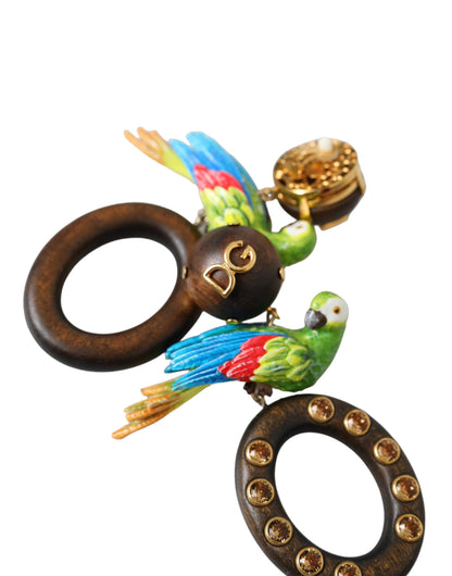 Dolce & Gabbana Multicolor Parrot Wood Brass Crystal Embellished Earrings