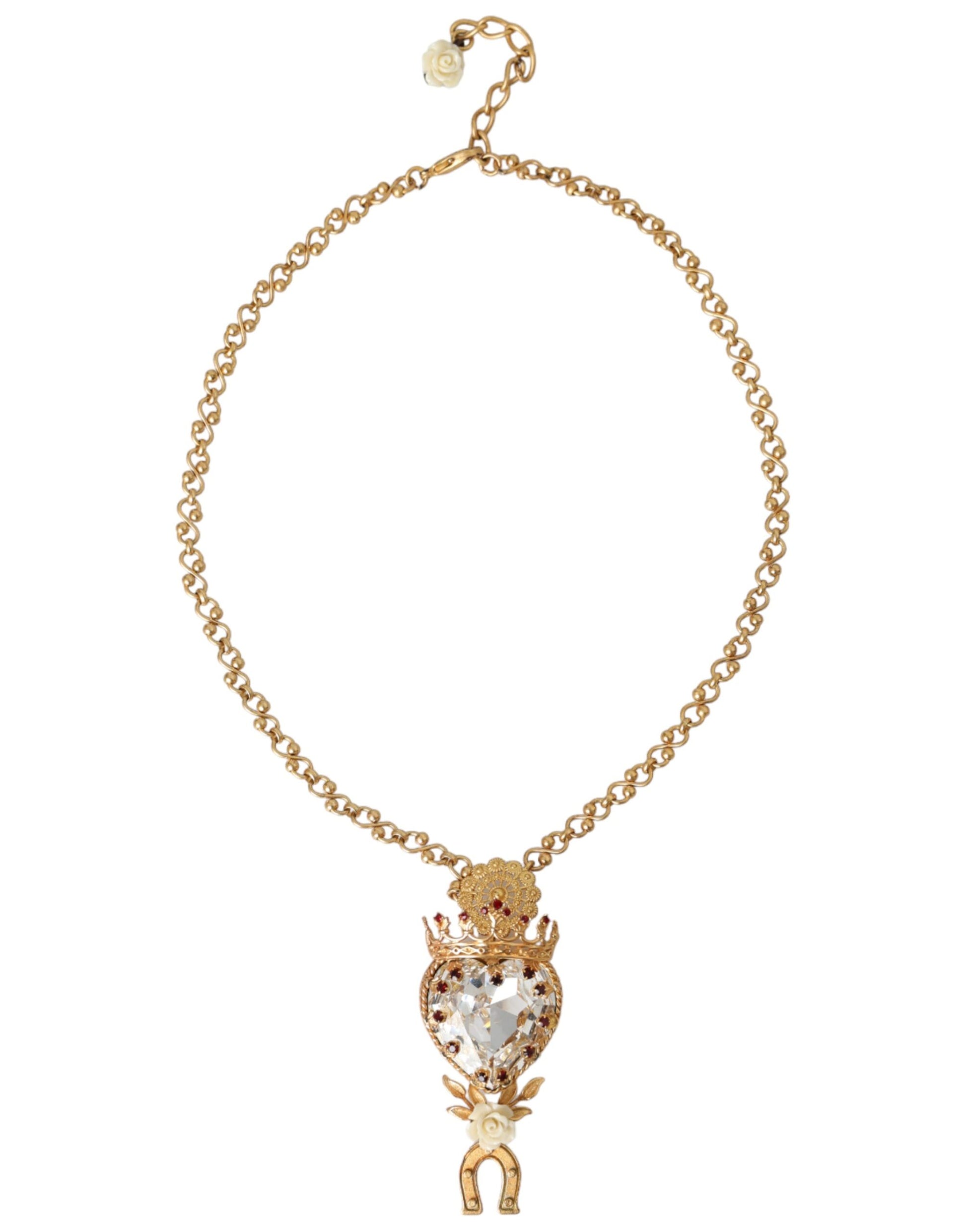 Dolce & Gabbana Gold Brass Chain Sacred Heart Crystal Charm Necklace