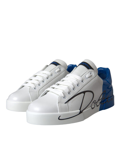 Dolce & Gabbana White Blue Leather Logo Low Top Sneakers Shoes