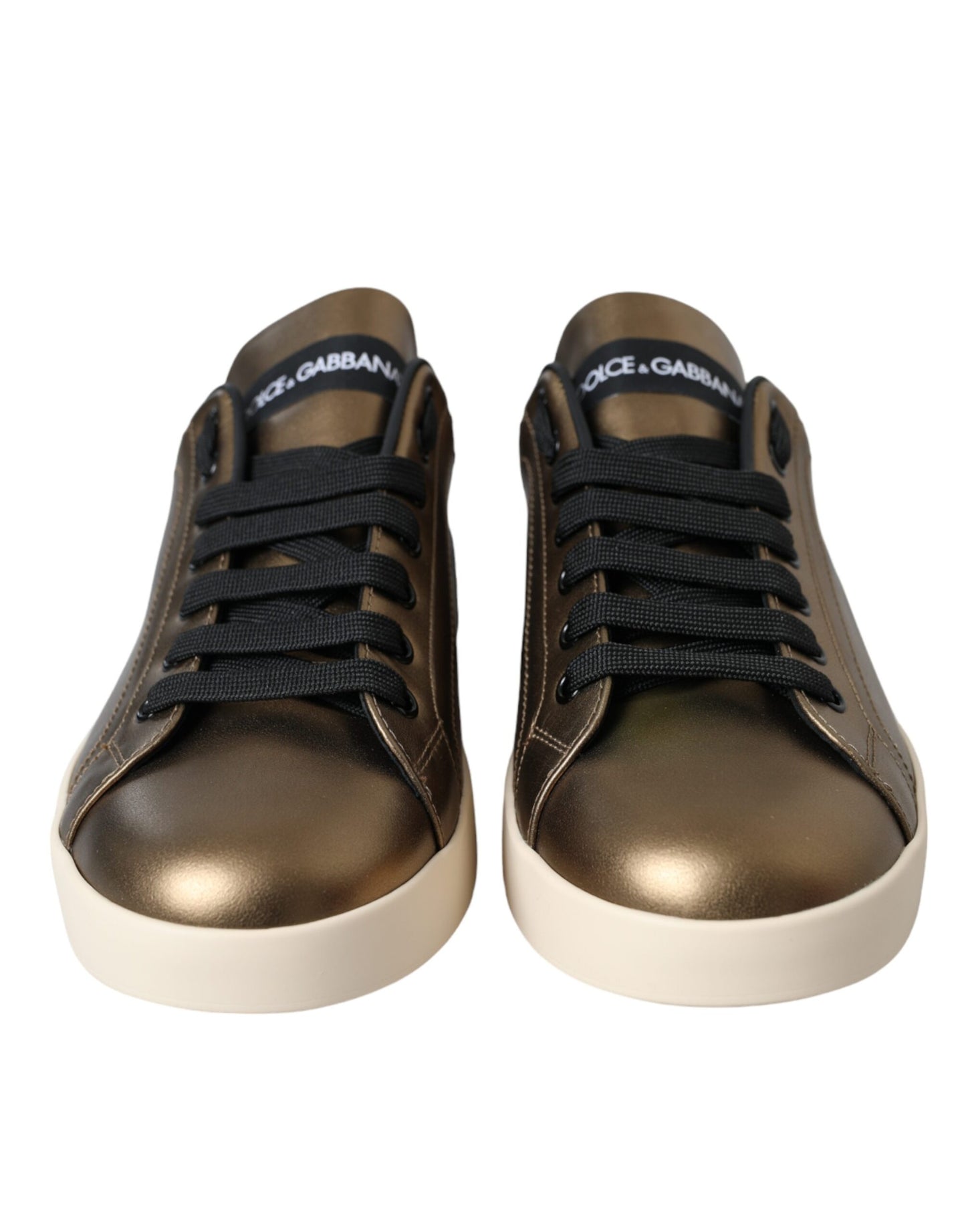 Dolce & Gabbana Gold Black Portofino Calf Leather Sneakers Shoes