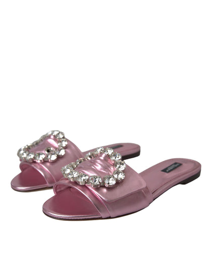 Dolce & Gabbana Pink Crystal Leather Flats Sandals Shoes