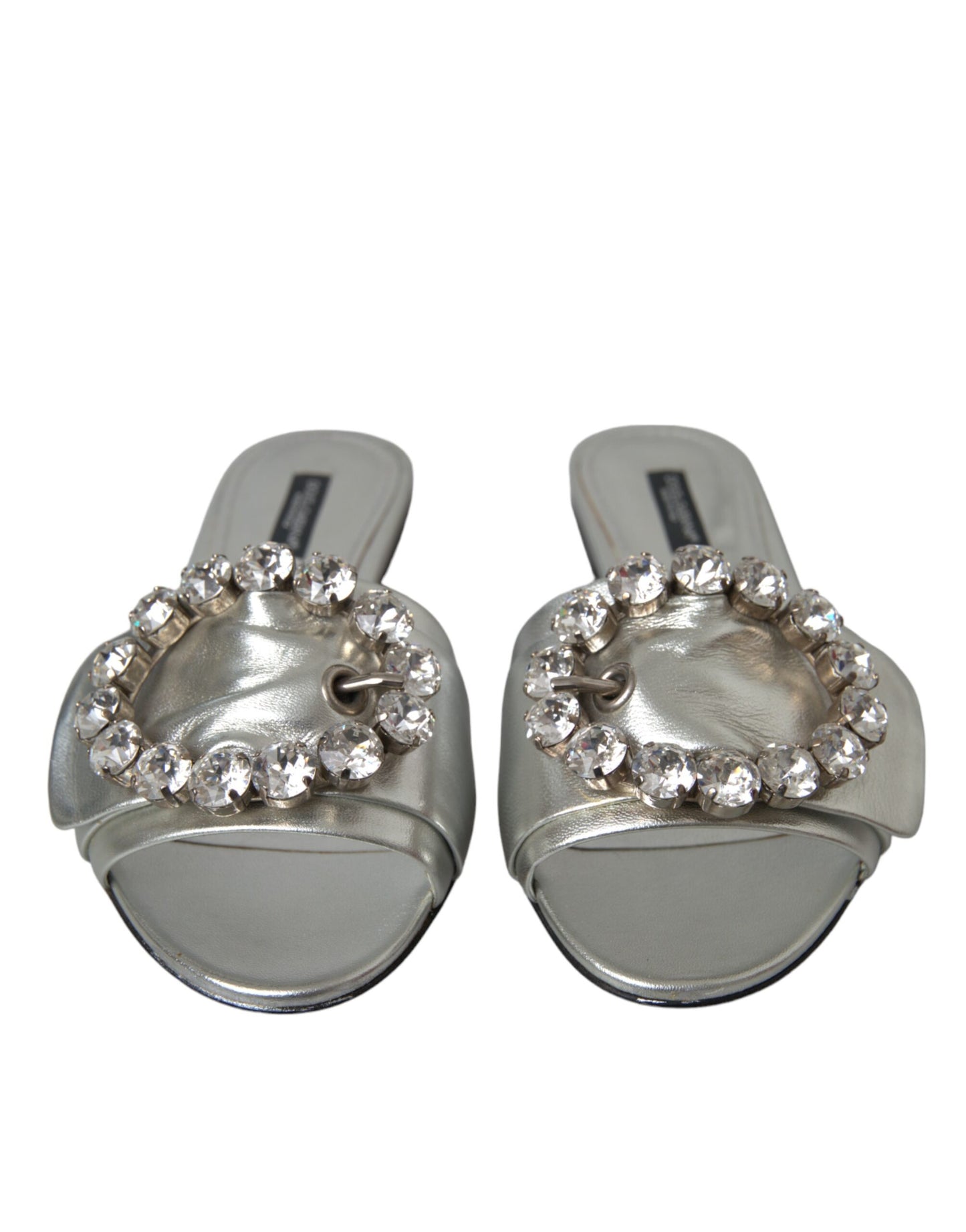 Dolce & Gabbana Silver Crystal Leather Flats Sandals Shoes