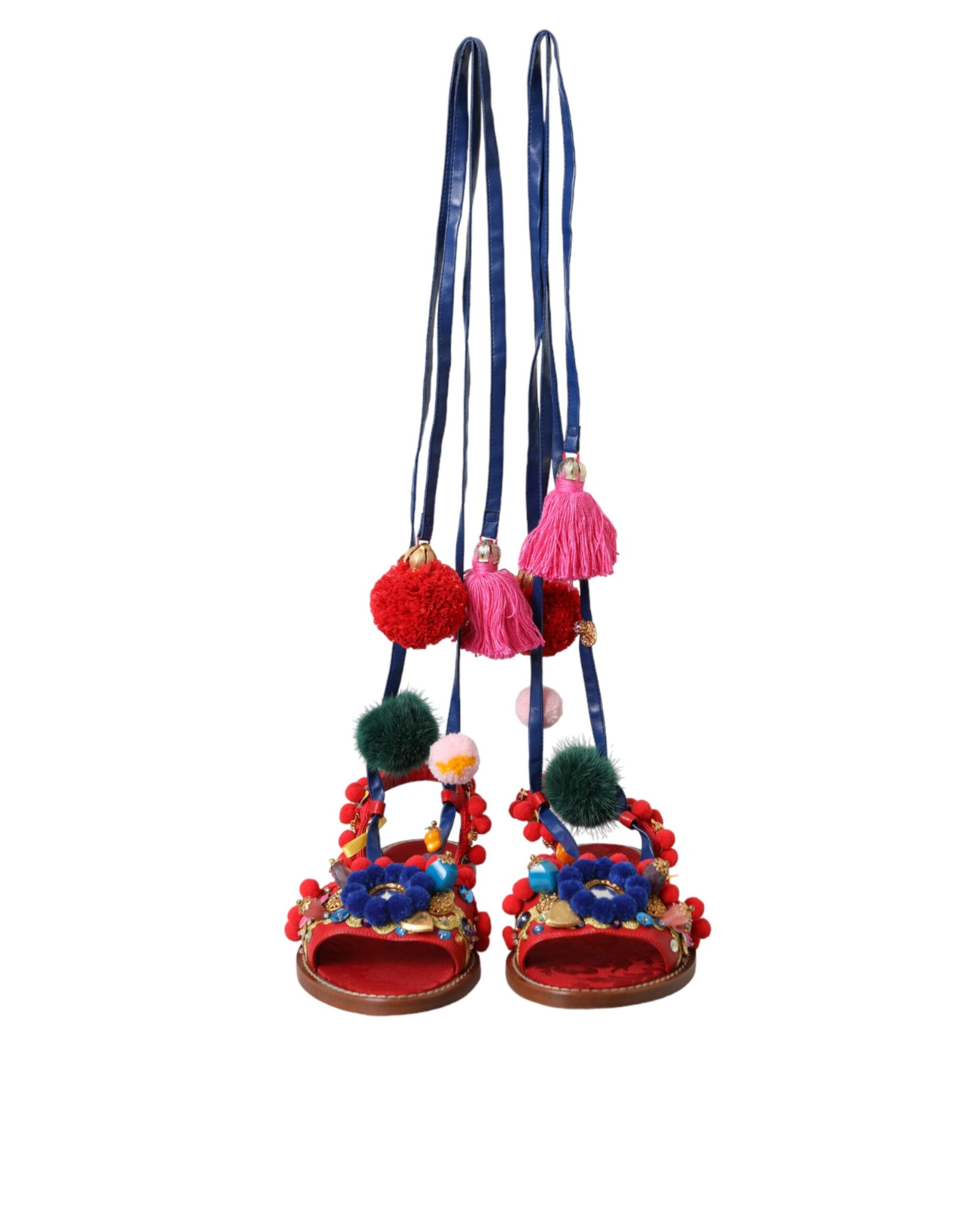 Dolce & Gabbana Multicolor Pom Pom Fur Wrap Sandals Shoes