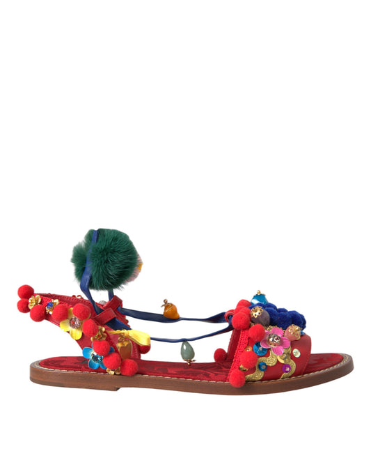 Dolce & Gabbana Multicolor Pom Pom Fur Wrap Sandals Shoes