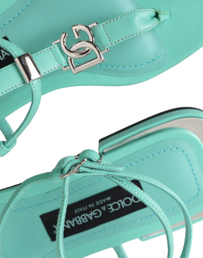 Dolce & Gabbana Aqua Green Leather Ankle Strap Flats Sandals Shoes