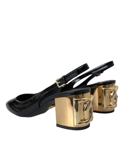 Dolce & Gabbana Black Gold Leather Embellished Slingbacks Shoes