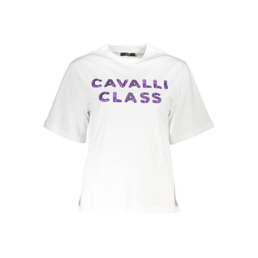 Cavalli Class Elegant White Cotton Tee with Designer Print