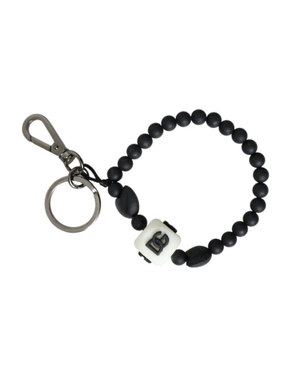 Dolce & Gabbana Black White Beaded DG Charm Accessory Keychain Keyring