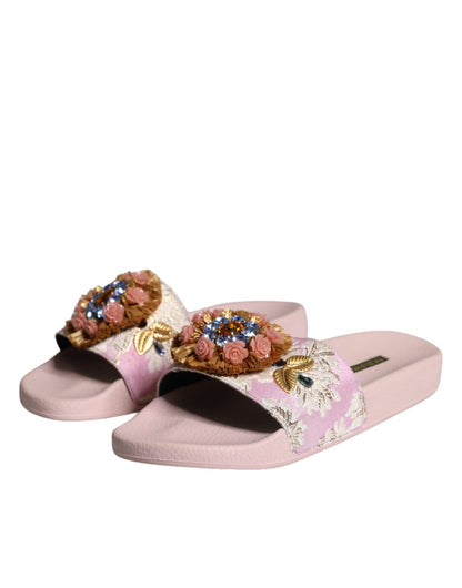 Dolce & Gabbana Pink Brocade Crystal Sandals Slides Beachwear Shoes