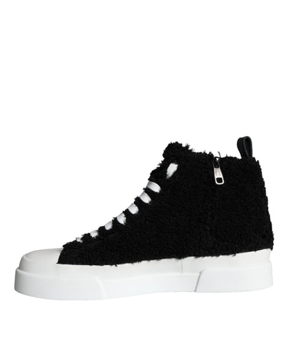 Dolce & Gabbana Black White Fur Logo High Top Sneaker Shoes